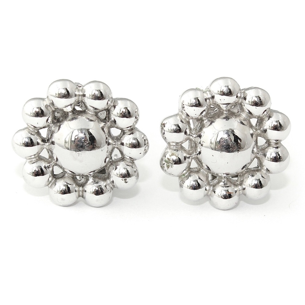 Vintage Bergere Clip On Earrings Silver Tone Atomic Dome Mid-Century Modern MCM